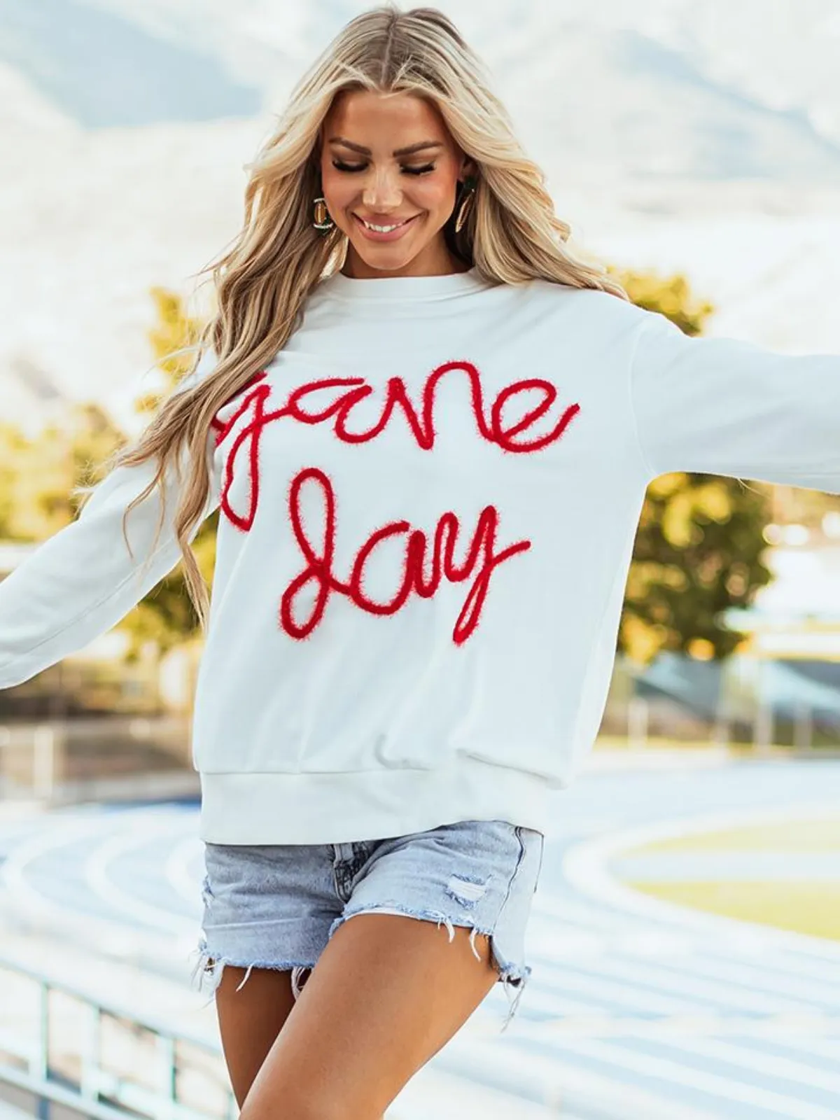 Womens White Tinsel Game Day Drop Shoulder Graphic Sweatshirt