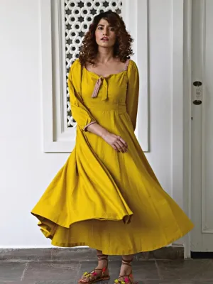 Yellow Flared Long Cotton Maxi Dress
