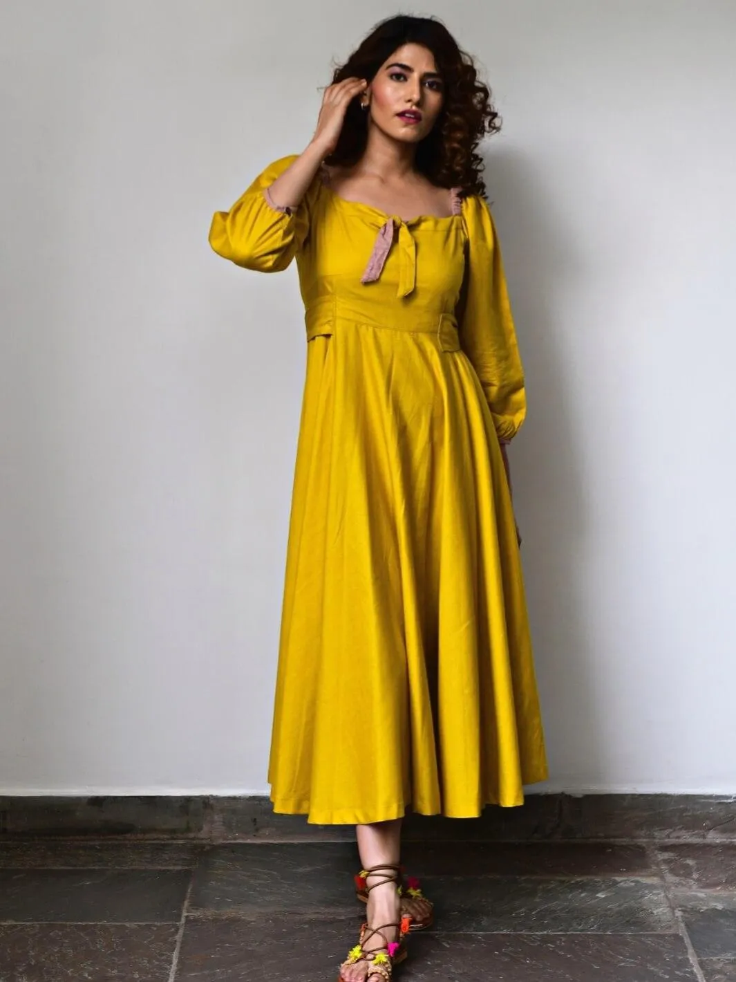 Yellow Flared Long Cotton Maxi Dress