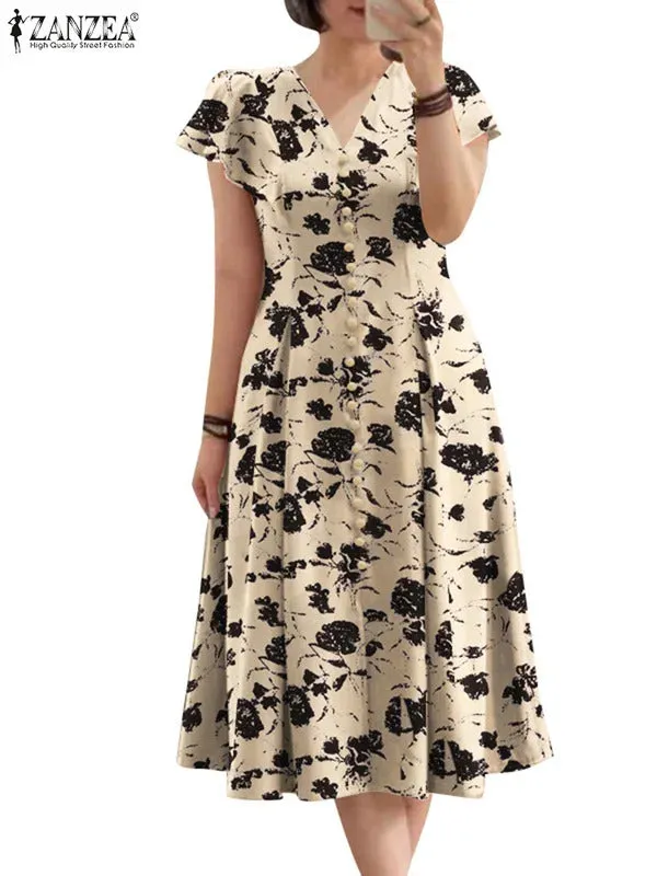 ZANZEA Ruffle Sleeve V Neck Party Sundress Casual Women 2024 Summer Cinch Waist A-line Vestidos Floral Print Fashion Midi Dress