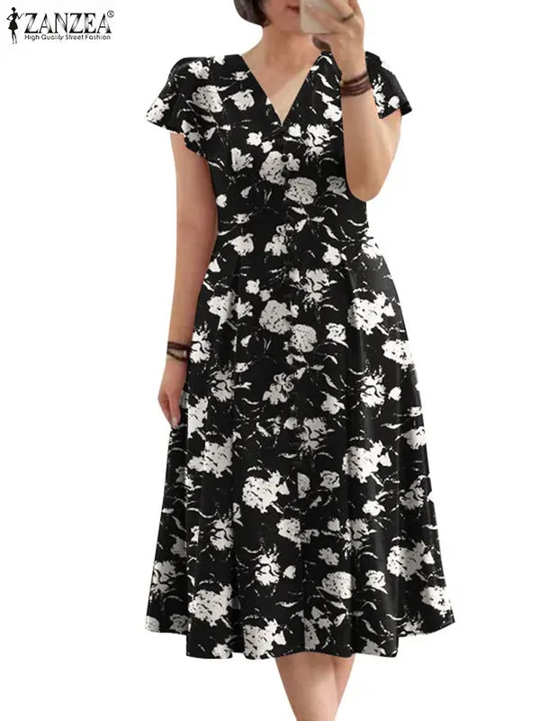 ZANZEA Ruffle Sleeve V Neck Party Sundress Casual Women 2024 Summer Cinch Waist A-line Vestidos Floral Print Fashion Midi Dress