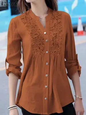 ZANZEA Spring V Neck Long Sleeve Shirt Elegant Women Lace Crochet Blouse Fashion Patchwork Tops Casual OL Work Blusas Chemise S4477523